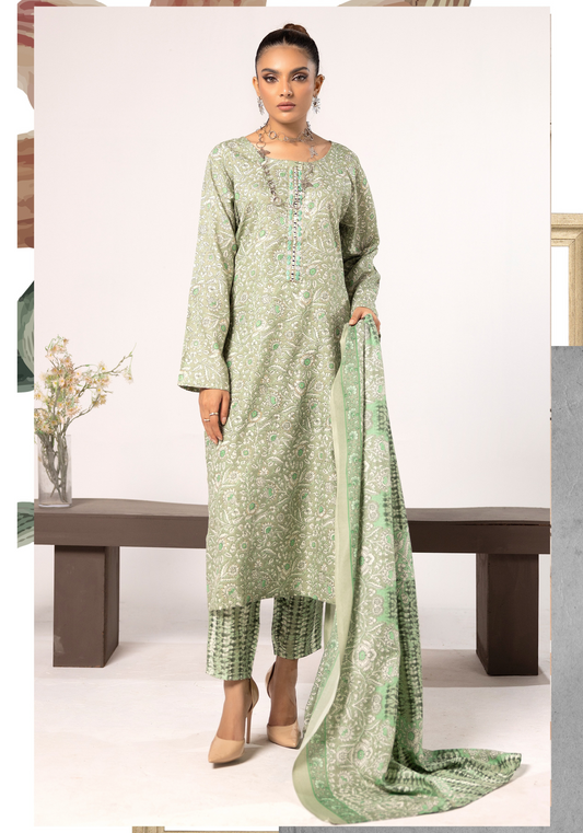 Thistle Green| Printed Linen Salwar Kameez & Dupatta | 3 Pc | Ready-to-wear | Simrans