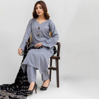 (Grey) 3 Pc Dhanak Dress with Kashmiri Wool Shawl | Winter Collection | Rangz | UMRGZ3403