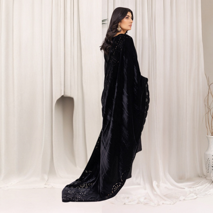 (Black) 3 Pc Dhanak Dress with Laser Velvet Shawl | Winter Collection | Rangz | UMRGZ3503