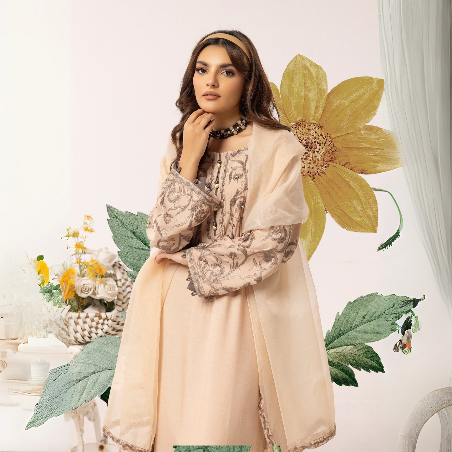 UMS-09 Floral Printed Embroidered Linen | 3 Pc | Ready-to-wear Dress - Simrans