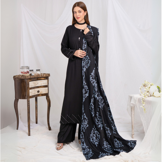 (black) 3 Pc Dhanak Shirt & trouser with Dhanak Shawl | Winter Collection | SIMRANS