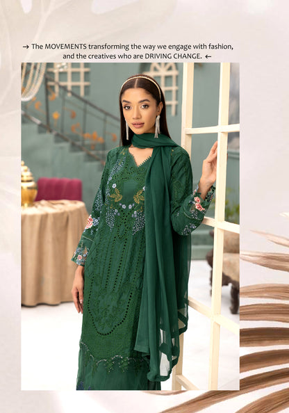 (Green) Embroidered Linen with Chiffon Duppatta - Simrans