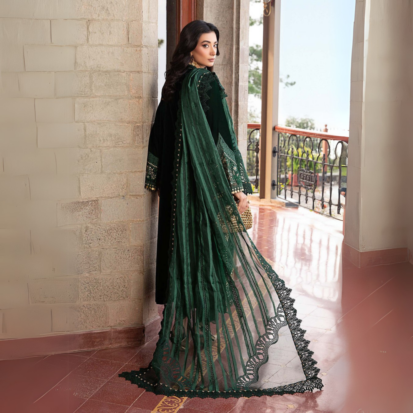 (Bottle Green) Embroidered Luxury Velvet Suit | 3 Pc | Winter Collection | MARIA.B