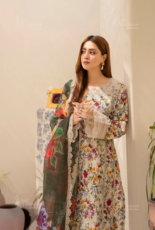 Multi floral Print  Chikenkari Cotton Lawn 3 Pc - Karma Collection