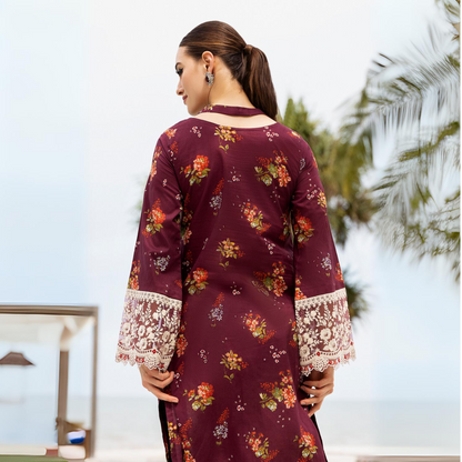 (Maroon) 2 Piece Embroiderd Digital Printed Winter Cambric Cotton Co-Ords Set | Esra Fashion