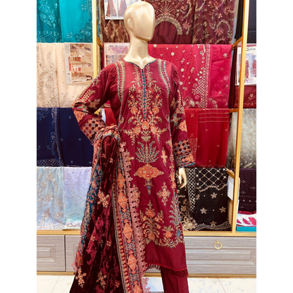 (Maroon) Embroidered Luxury Twill Linen Suit | 3 Pc | Winter Collection | MARIA.B