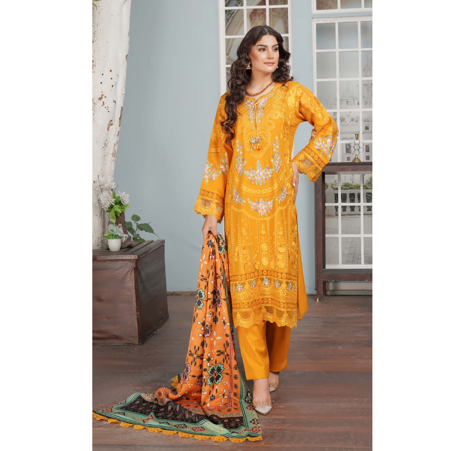 (TURMERIC) Heavy Embroidered Dhanak Ready to Wear Dress - MUNIRA