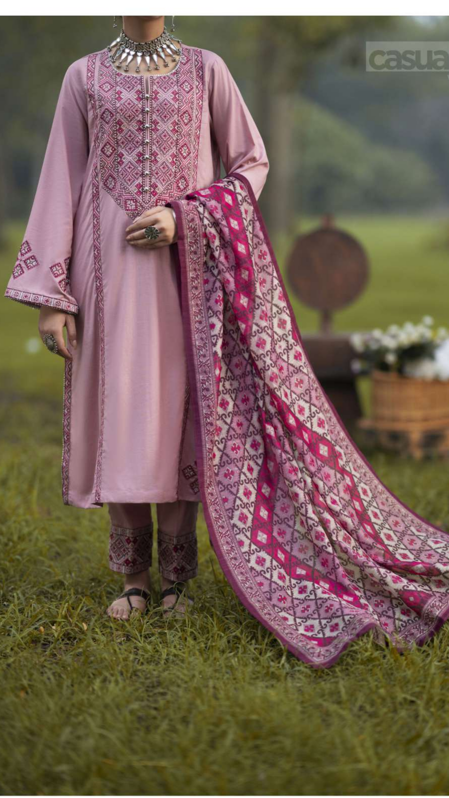 Pink | Embroidered Linen | 3 Pc | Ready to Wear | Casuallite