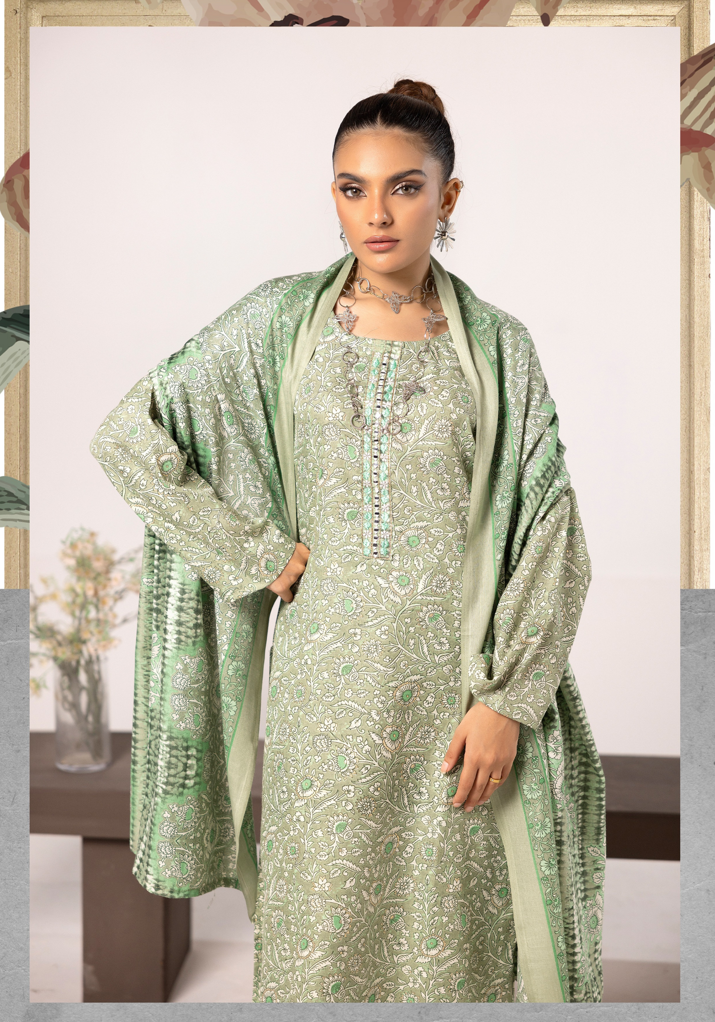 Thistle Green| Printed Linen Salwar Kameez & Dupatta | 3 Pc | Ready-to-wear | Simrans