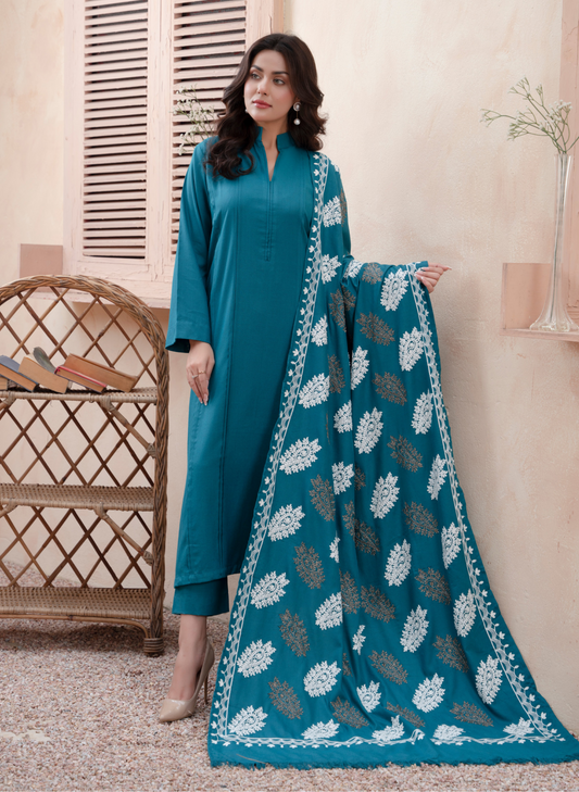 (Deep Aqua Blue) 3 Pc Dhanak Dress with Embroidered Wool Shawl Dupatta | Winter Wear | RANIYA.H