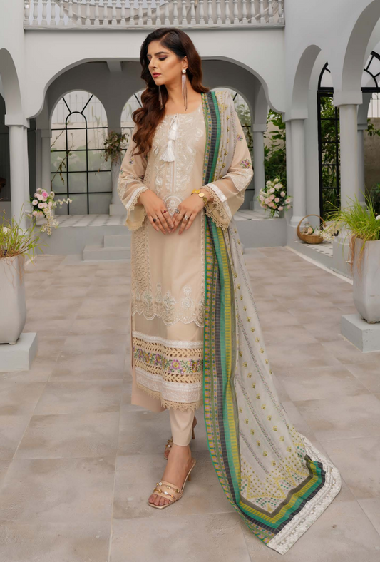 (Ivory) Heavy Embroidered Cotton Linen Ready to Wear Dress - MUNIRA