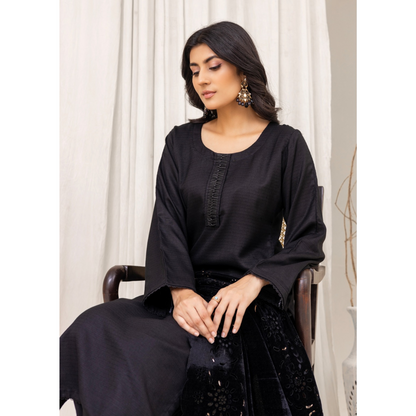 (Black) 3 Pc Dhanak Dress with Laser Velvet Shawl | Winter Collection | Rangz | UMRGZ3503