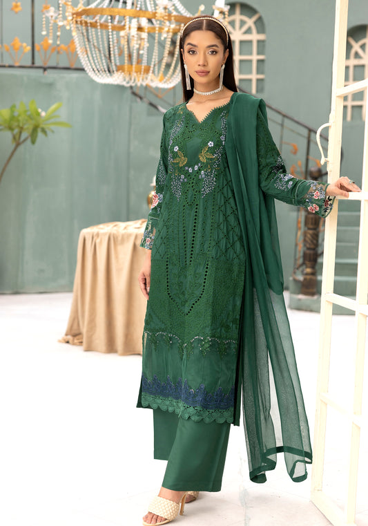 (Green) Embroidered Linen with Chiffon Duppatta - Simrans