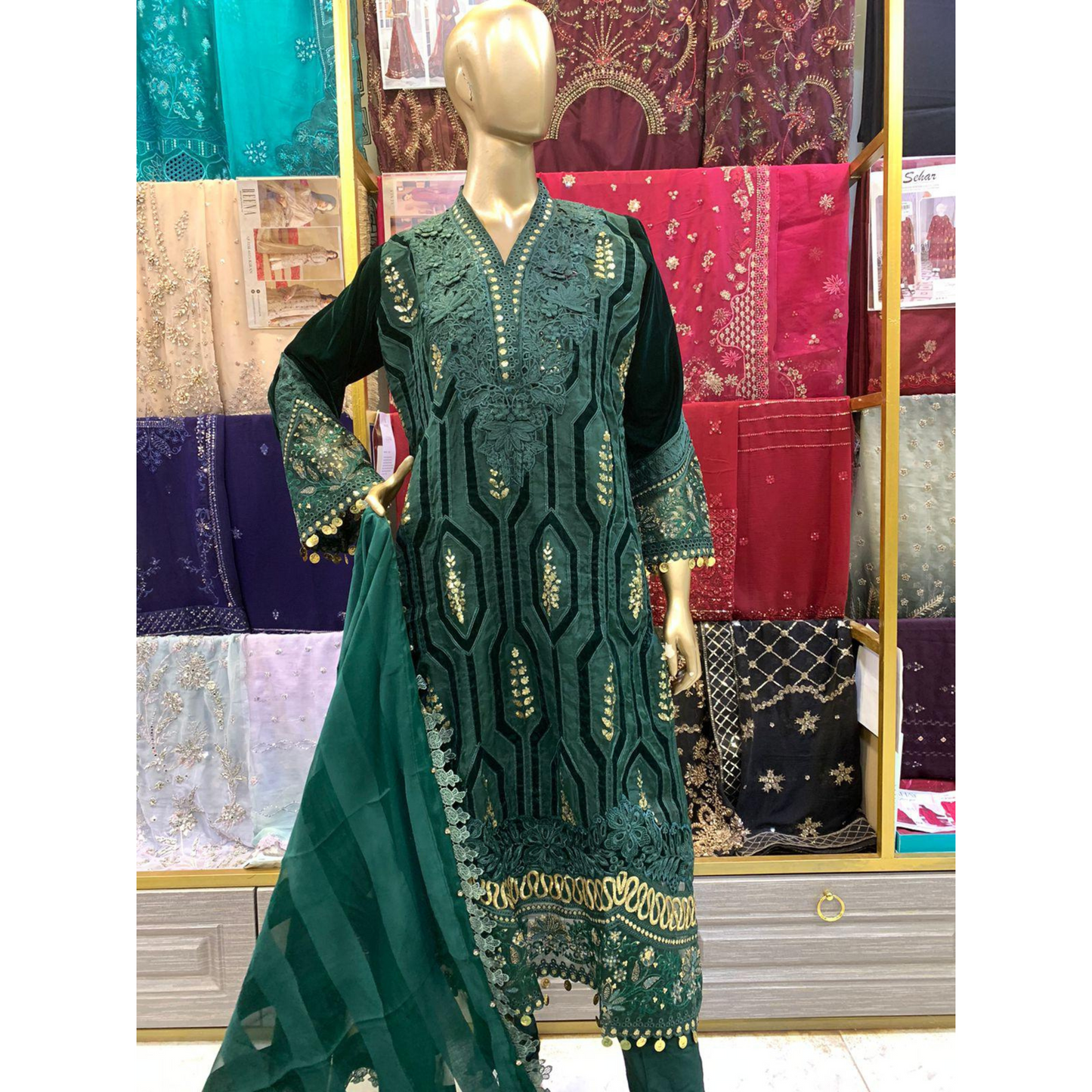 (Bottle Green) Embroidered Luxury Velvet Suit | 3 Pc | Winter Collection | MARIA.B