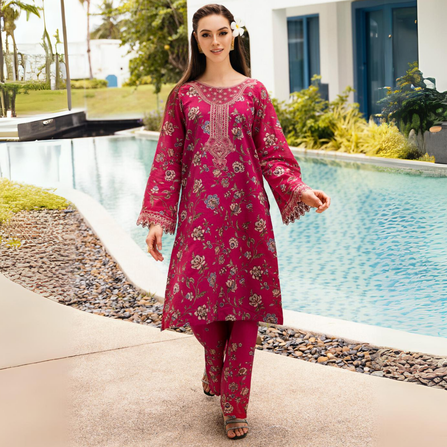 (Magenta) 2 Piece Embroiderd Digital Printed Winter Cambric Cotton Co-Ords Set | Esra Fashion