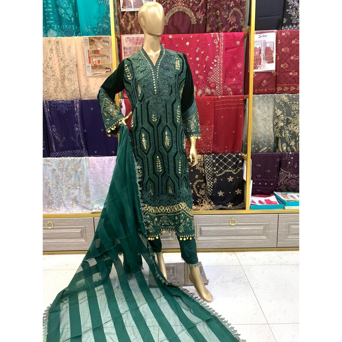 (Bottle Green) Embroidered Luxury Velvet Suit | 3 Pc | Winter Collection | MARIA.B