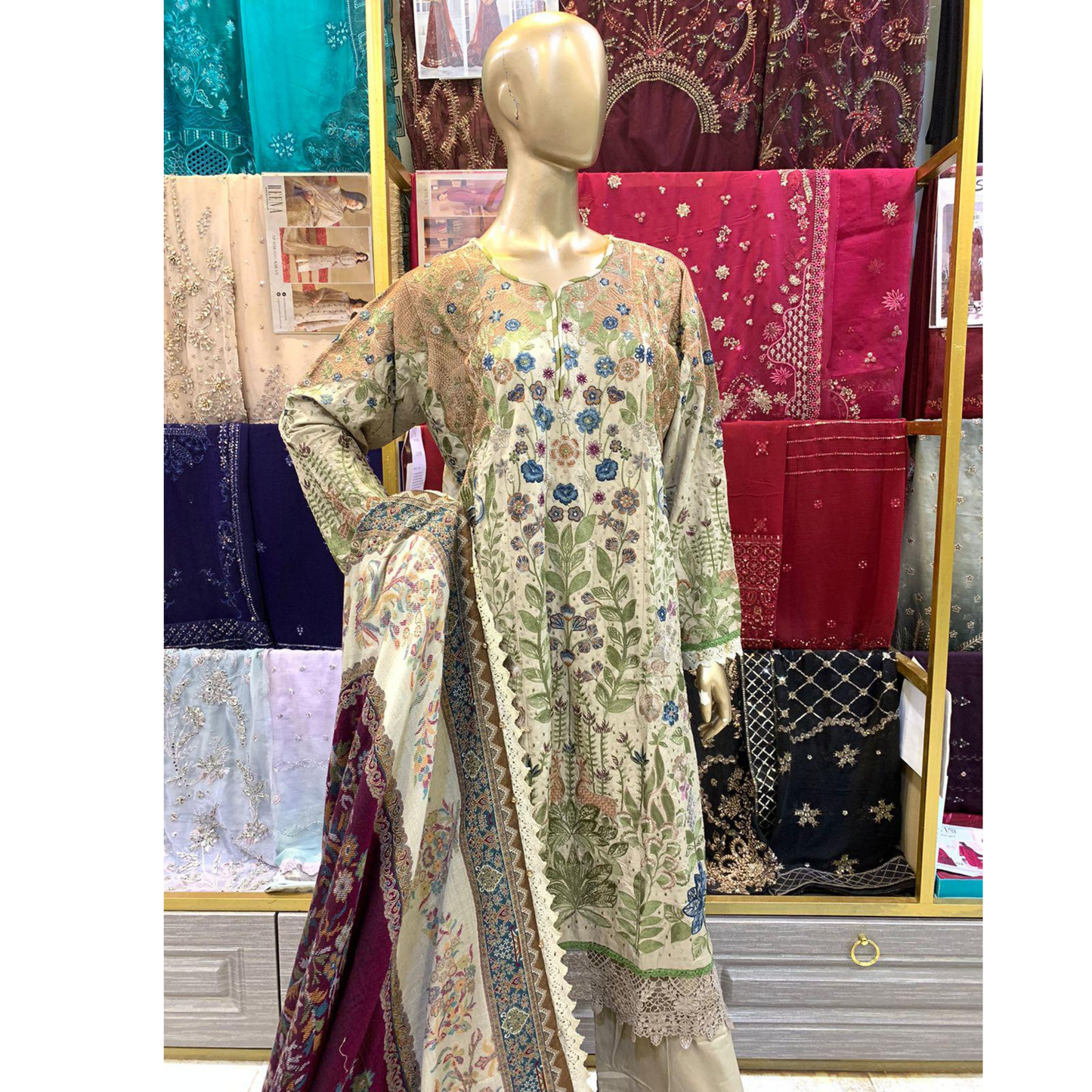 (Light Mocha) Embroidered Luxury Linen Suit | 3 Pc | Winter Collection | MARIA.B