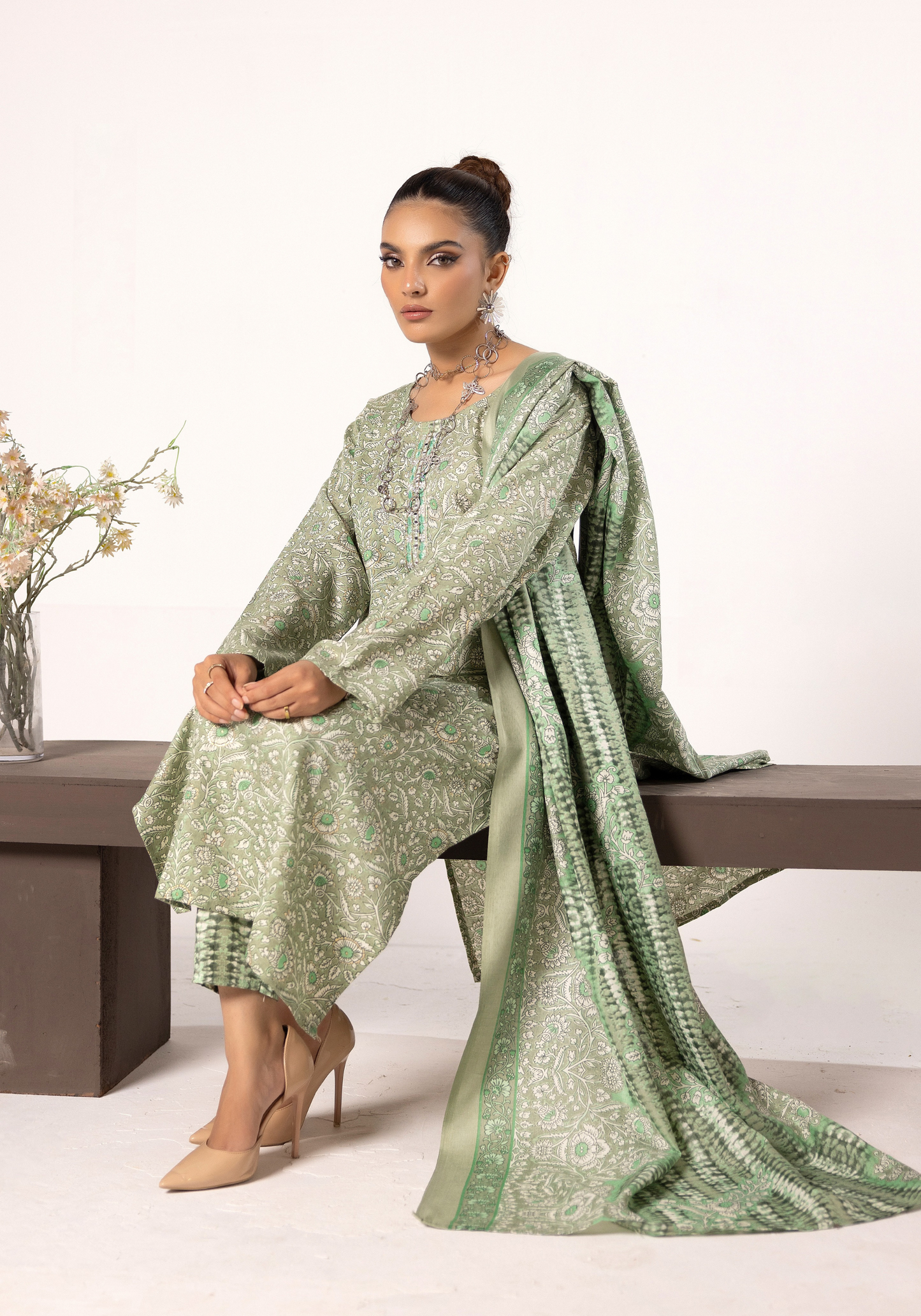 Thistle Green| Printed Linen Salwar Kameez & Dupatta | 3 Pc | Ready-to-wear | Simrans