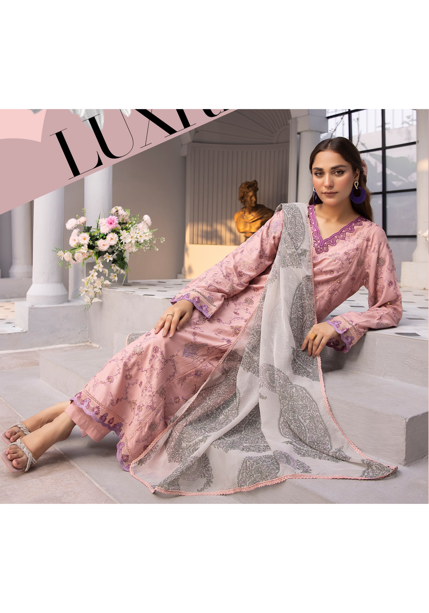 (Pastel Pink) 3 Pc Embroidered Linen Dress - Simrans