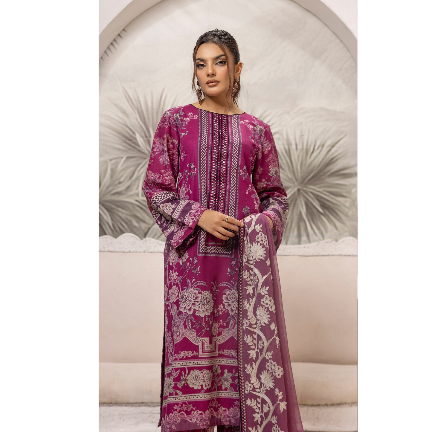 Magenta 3 Pc Digital Printed Embroidered Khaddar Collection | Winter Wear | SIMRANS