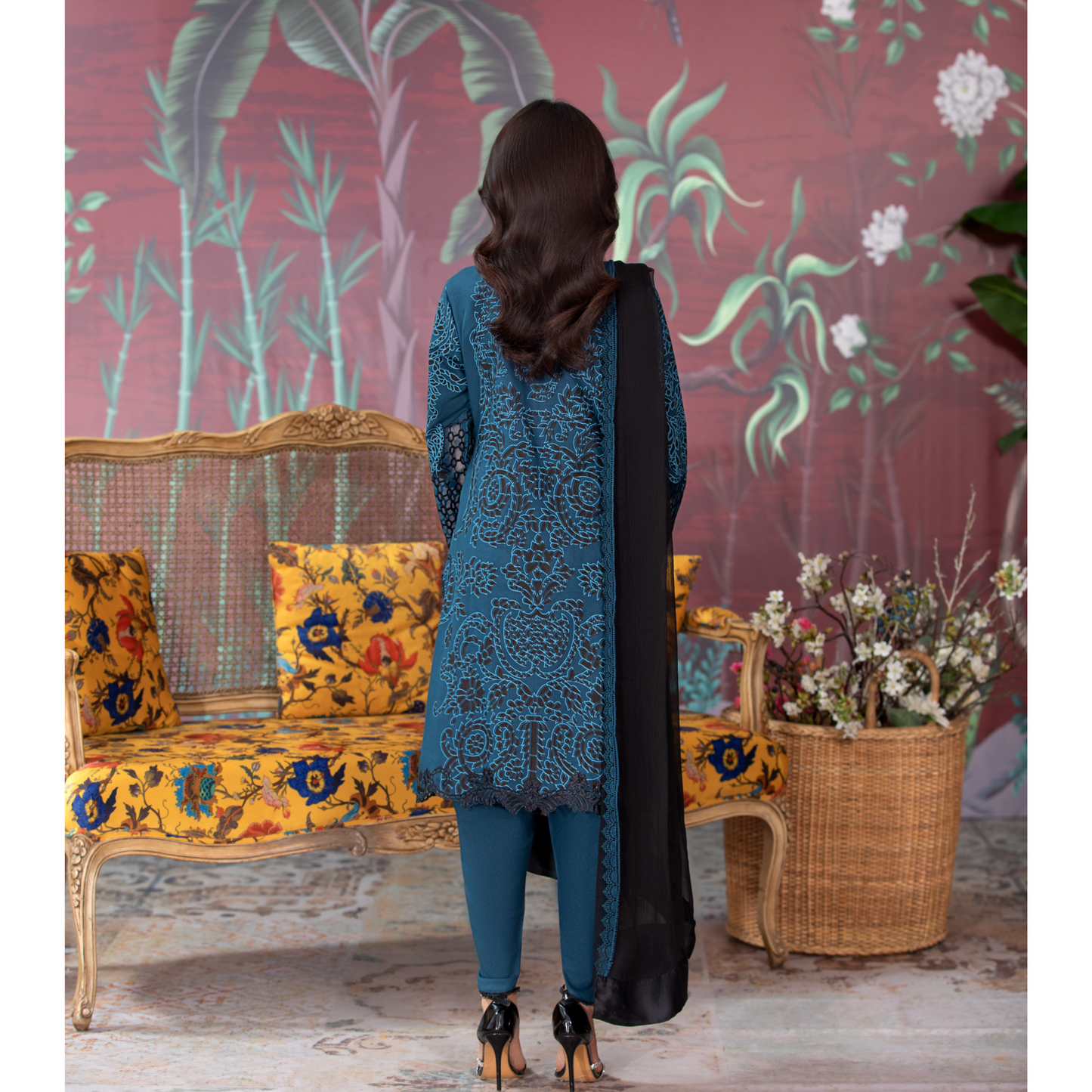 (Blue) 3 Pc Embroidered Dhanak Pakistani Dress With Chiffon Dupatta  | Winter Wear | Heera's