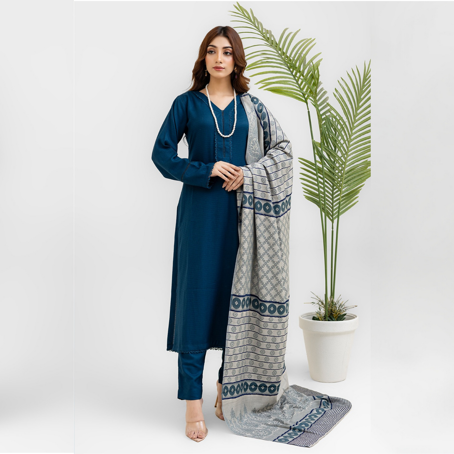 (Teal Blue) 3 Pc Dhanak Dress with Kashmiri Wool Shawl | Winter Collection | Rangz | UMRGZ3405