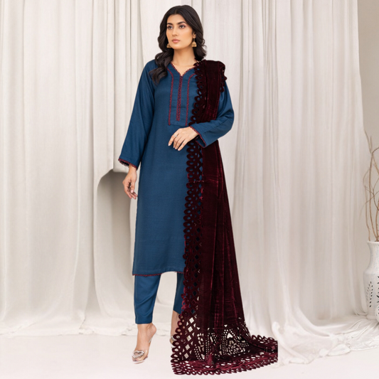 (Teal Blue) 3 Pc Dhanak Dress with Laser Velvet Shawl | Winter Collection | Rangz | UMRGZ3502