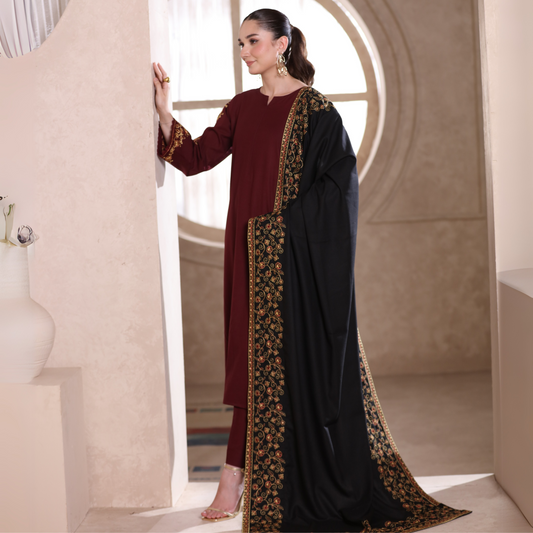 (Maroon) 3 Pc Embroidered Dhanak Dress with Embroidered Dhanak Shawl Pakistani Dress | UMNAA