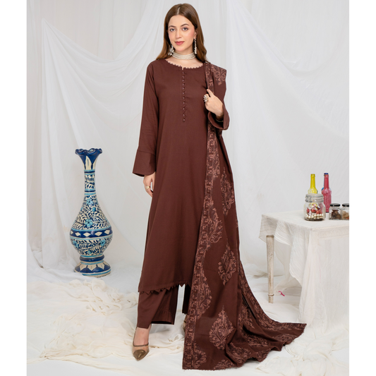 (brown) 3 Pc Dhanak Shirt & Plazo with Dhanak Shawl | Winter Collection | SIMRANS