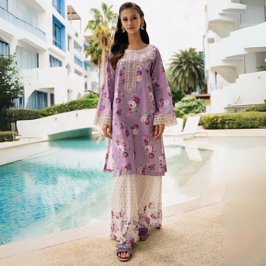 (Pastel Purple) 2 Piece Embroiderd Digital Printed  Winter Cambric Cotton Co-Ords Set | Esra Fashion