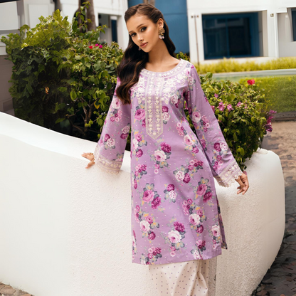 (Pastel Purple) 2 Piece Embroiderd Digital Printed  Winter Cambric Cotton Co-Ords Set | Esra Fashion