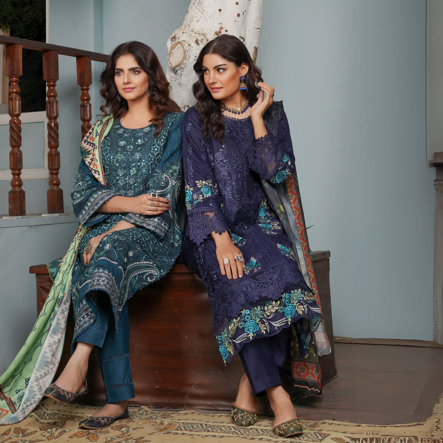 (TEAL BLUE) Heavy Embroidered Dhanak Ready to Wear Dress - MUNIRA