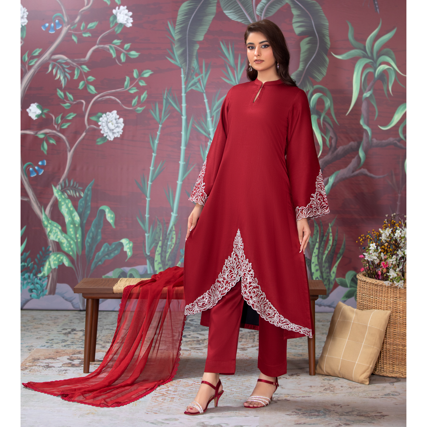 (Red) 3 Pc Embroidered Dhanak  Pakistani Dress With Chiffon Dupatta  | Winter Wear | Heera's