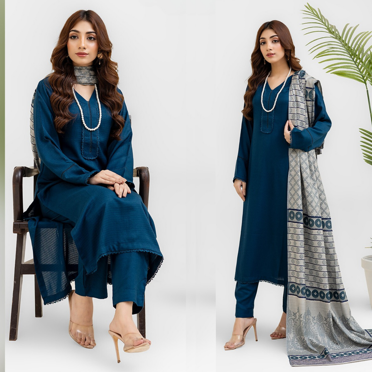 (Teal Blue) 3 Pc Dhanak Dress with Kashmiri Wool Shawl | Winter Collection | Rangz | UMRGZ3405