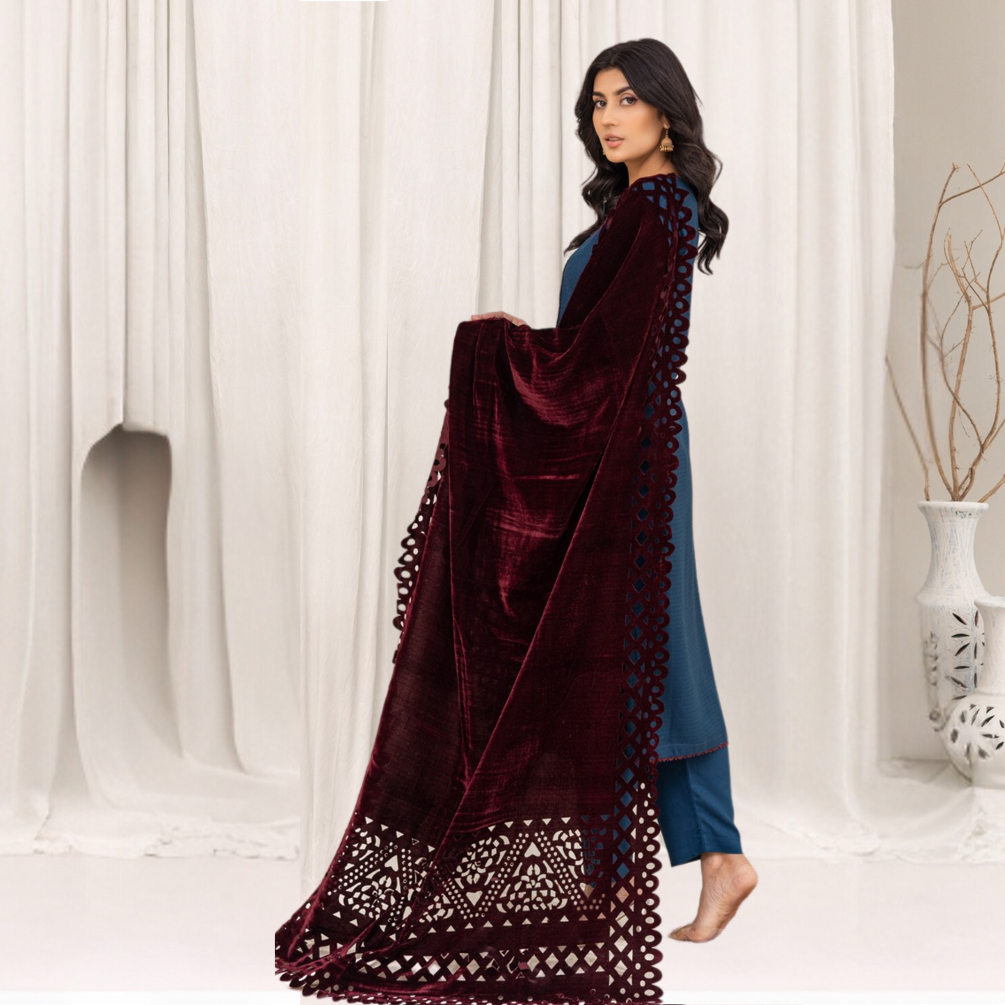 (Teal Blue) 3 Pc Dhanak Dress with Laser Velvet Shawl | Winter Collection | Rangz | UMRGZ3502