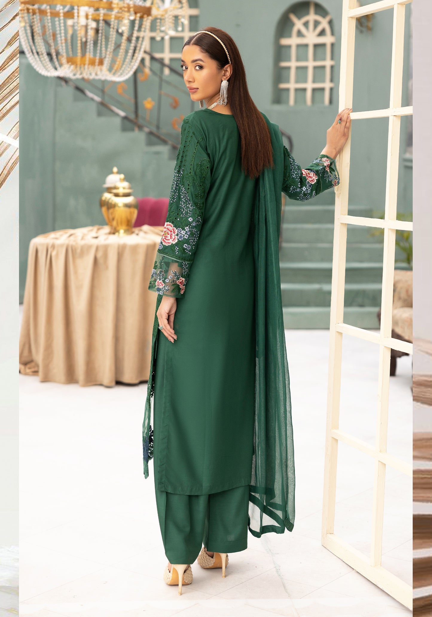 (Green) Embroidered Linen with Chiffon Duppatta - Simrans