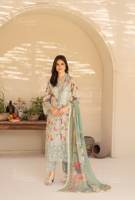 Mist Grey  Printed Chikenkari Cotton Lawn 3 Pc - Karma Collection