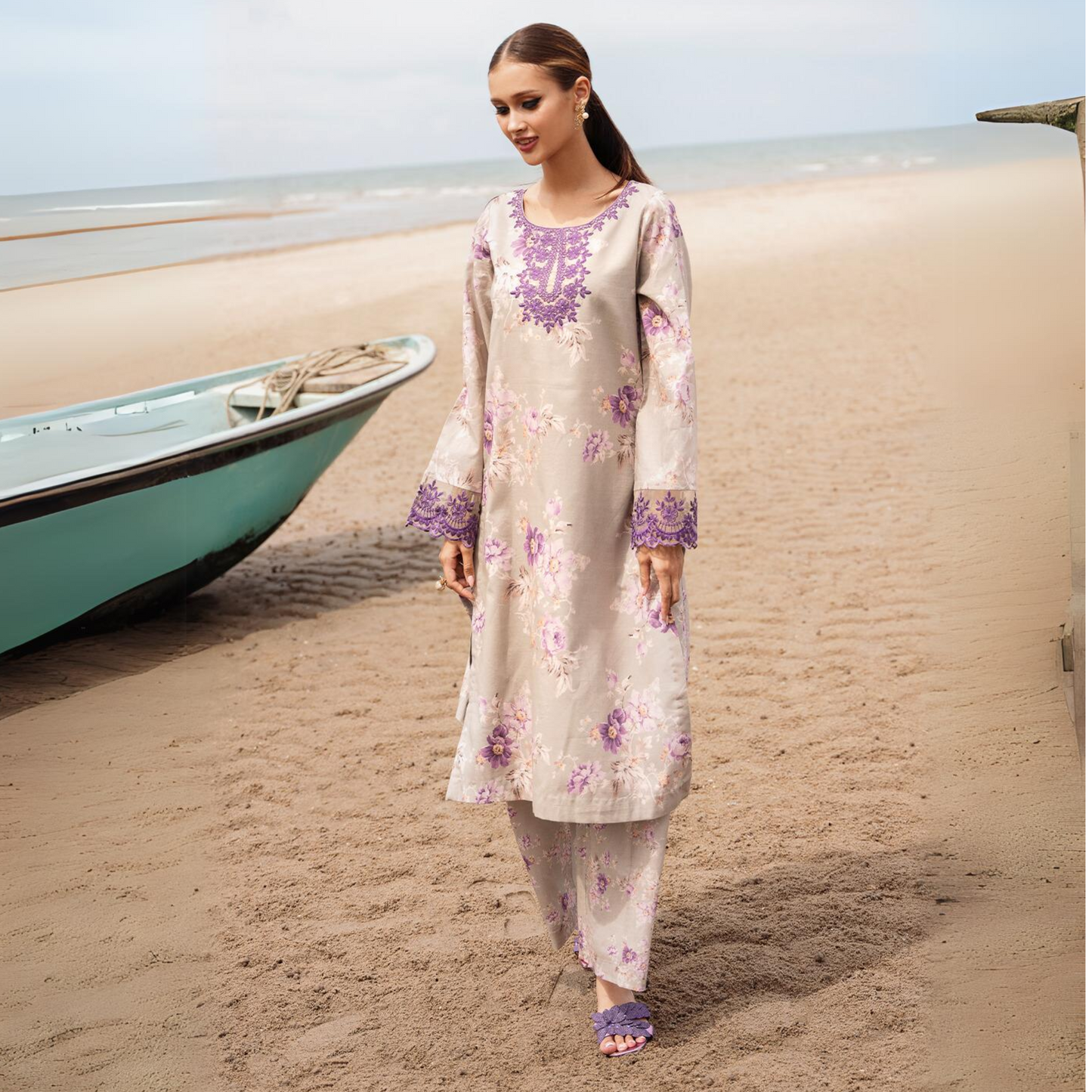 (Soft Amber) 2 Piece Embroiderd Digital Printed Winter Cambric Cotton Co-Ords Set | Esra Fashion