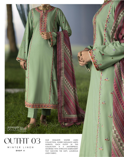 (Mint Green) Embroidered Linen 3 Pc Ready to Wear by Casuallite