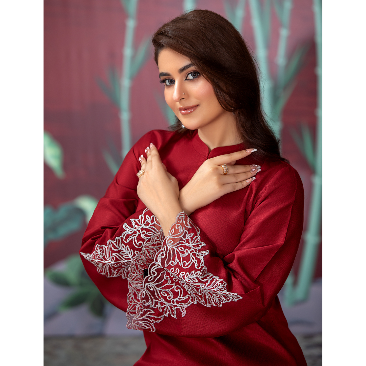 (Red) 3 Pc Embroidered Dhanak  Pakistani Dress With Chiffon Dupatta  | Winter Wear | Heera's