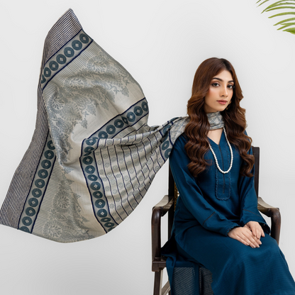 (Teal Blue) 3 Pc Dhanak Dress with Kashmiri Wool Shawl | Winter Collection | Rangz | UMRGZ3405