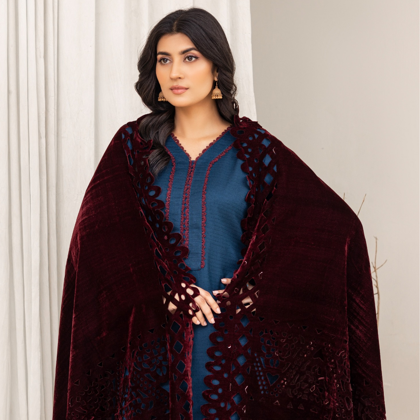 (Teal Blue) 3 Pc Dhanak Dress with Laser Velvet Shawl | Winter Collection | Rangz | UMRGZ3502