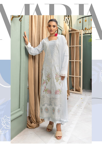 (Light Grey ) Embroidered Linen with Chiffon Duppatta - Simrans