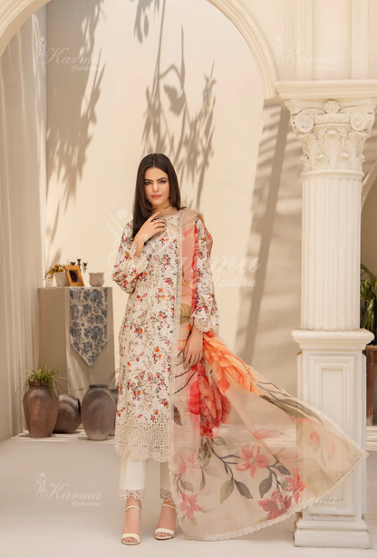 (Pearl White) Chikenkari Cotton Lawn 3 Pc - Karma Collection