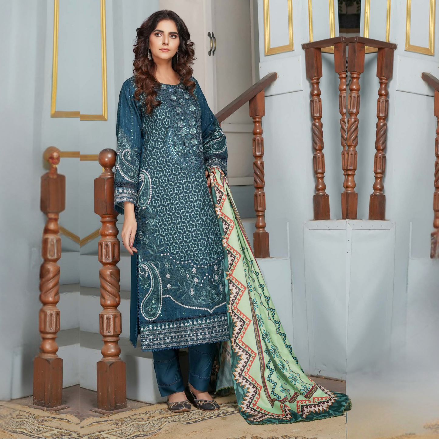 (TEAL BLUE) Heavy Embroidered Dhanak Ready to Wear Dress - MUNIRA