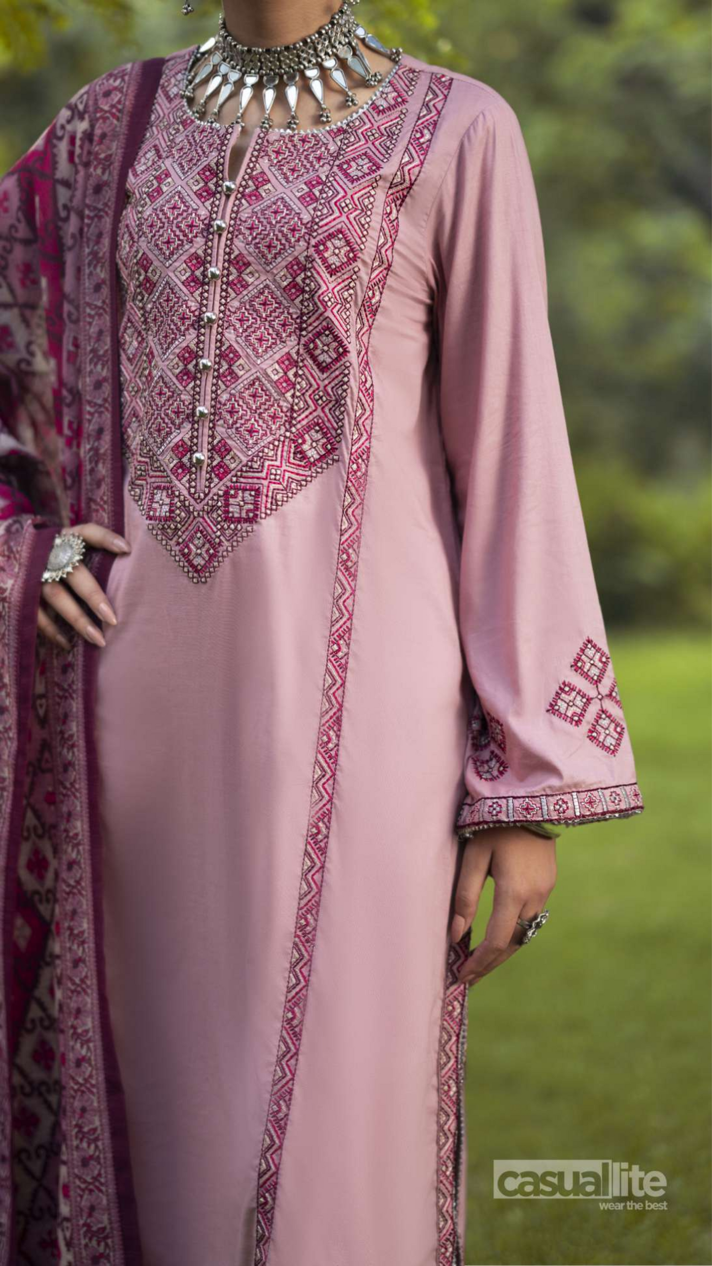 Pink | Embroidered Linen | 3 Pc | Ready to Wear | Casuallite