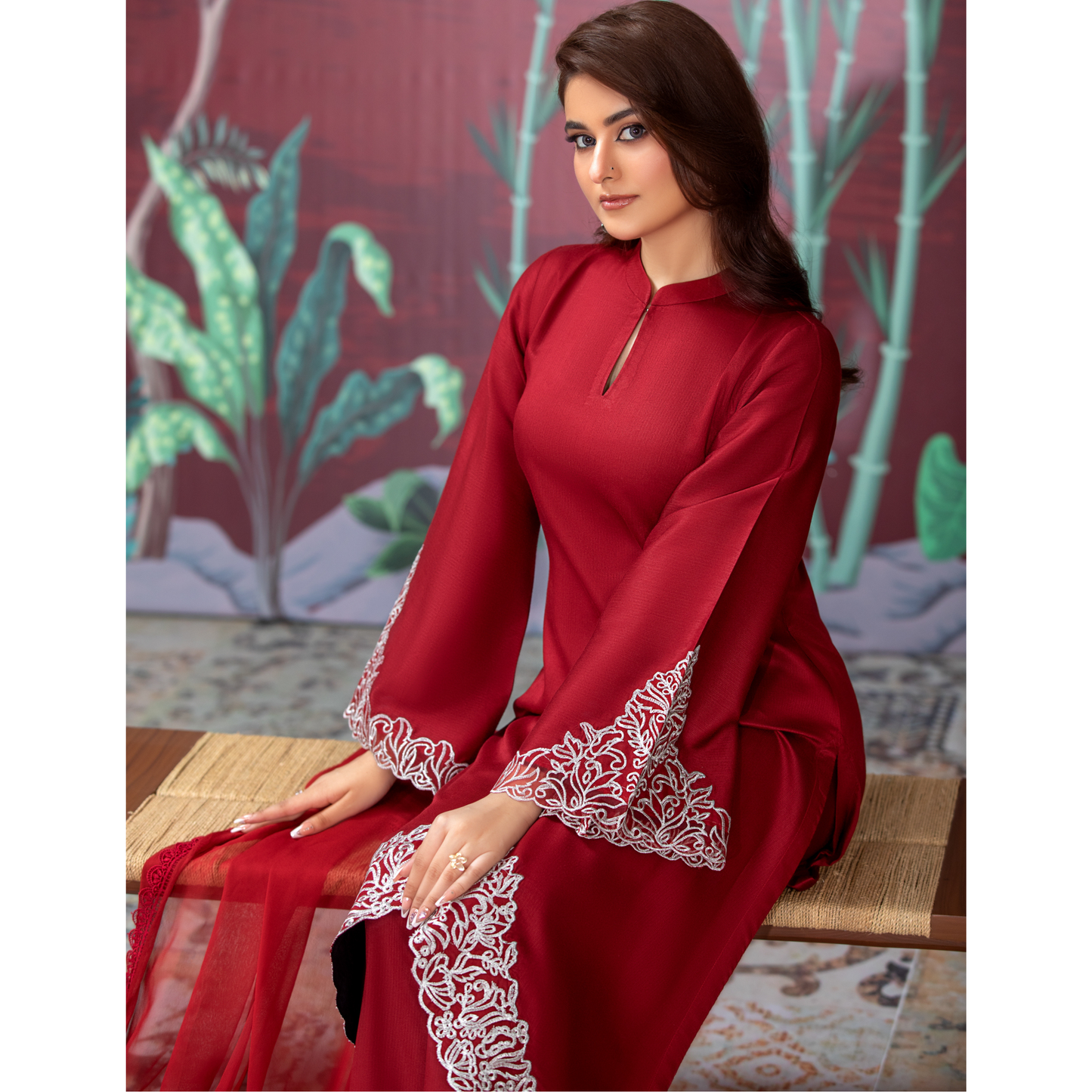 (Red) 3 Pc Embroidered Dhanak  Pakistani Dress With Chiffon Dupatta  | Winter Wear | Heera's