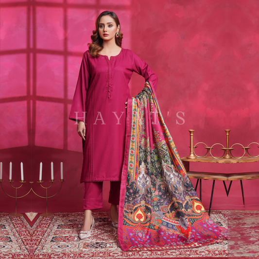 (Berry) Dhanak Dress with Wool Shawl |3 Pc| Winter Collection | Hayats