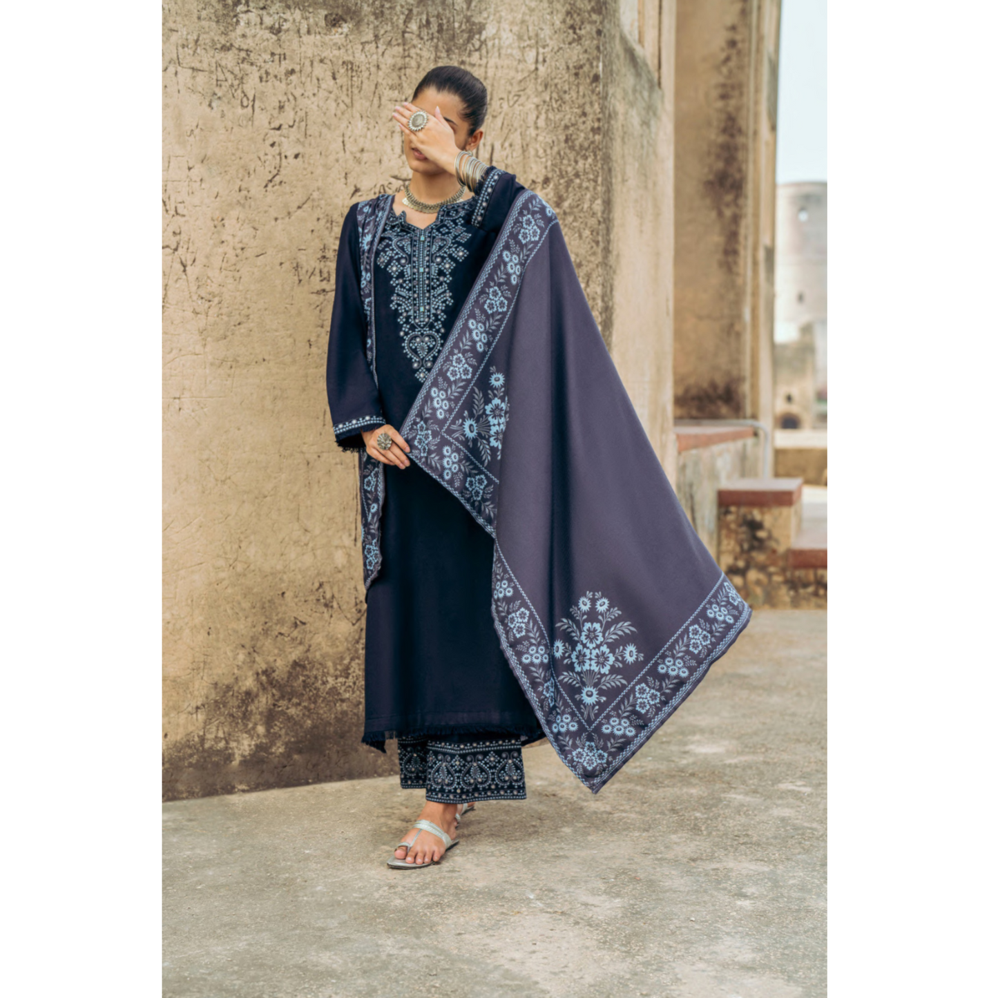 (Dark Blue) Embroidered Dhanak Collection Pc Ready to Wear by Casuallite