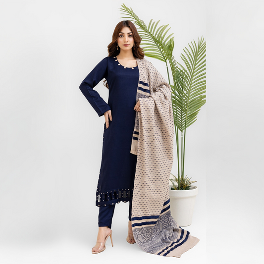 (Navy Blue) 3 Pc Dhanak Dress with Kashmiri Wool Shawl | Winter Collection | Rangz | UMRGZ3402